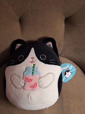 Squishmallows Cicely Black & White Cat Plush with Pink Drink Embroidery